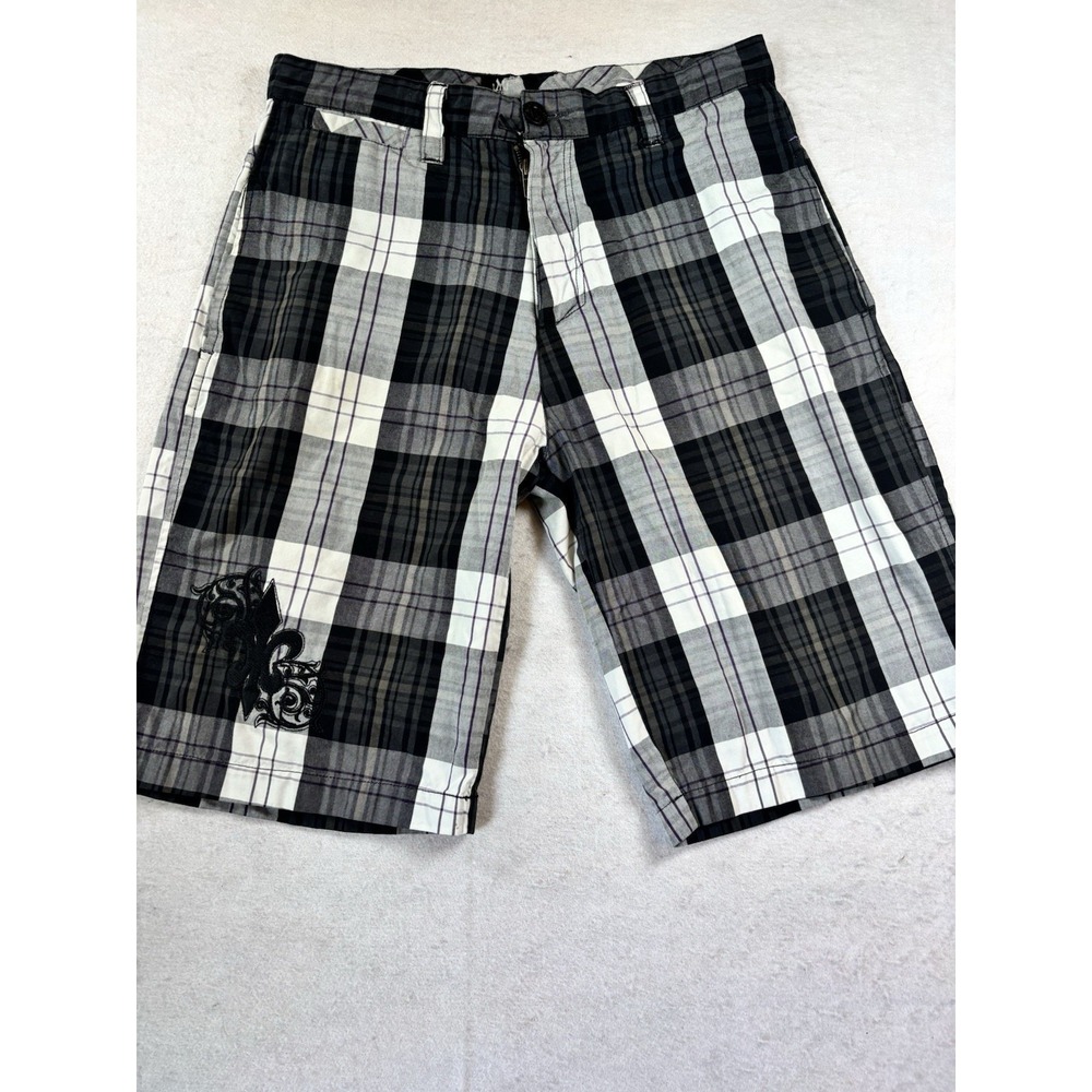 Micros Plaid Shorts Mens 30x11 Black White Front Logo Flat Front Skater